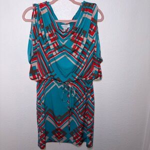Jessica Simpson Sleeveless Blue Geometric Print Dress with Tie Waist